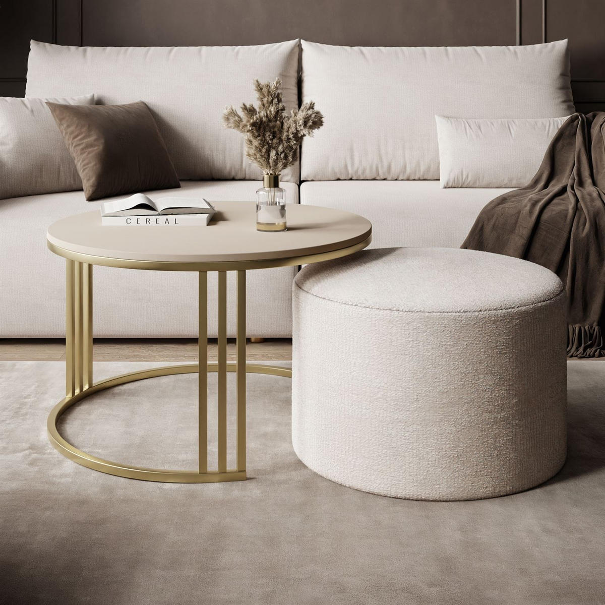 COUCHTISCH mit Hocker LORI MAT gebürstetes Gold/Kaschmir matt/Perfect Harmony 01 - Kaschmir, Metall (70/70/49cm) - Lookway