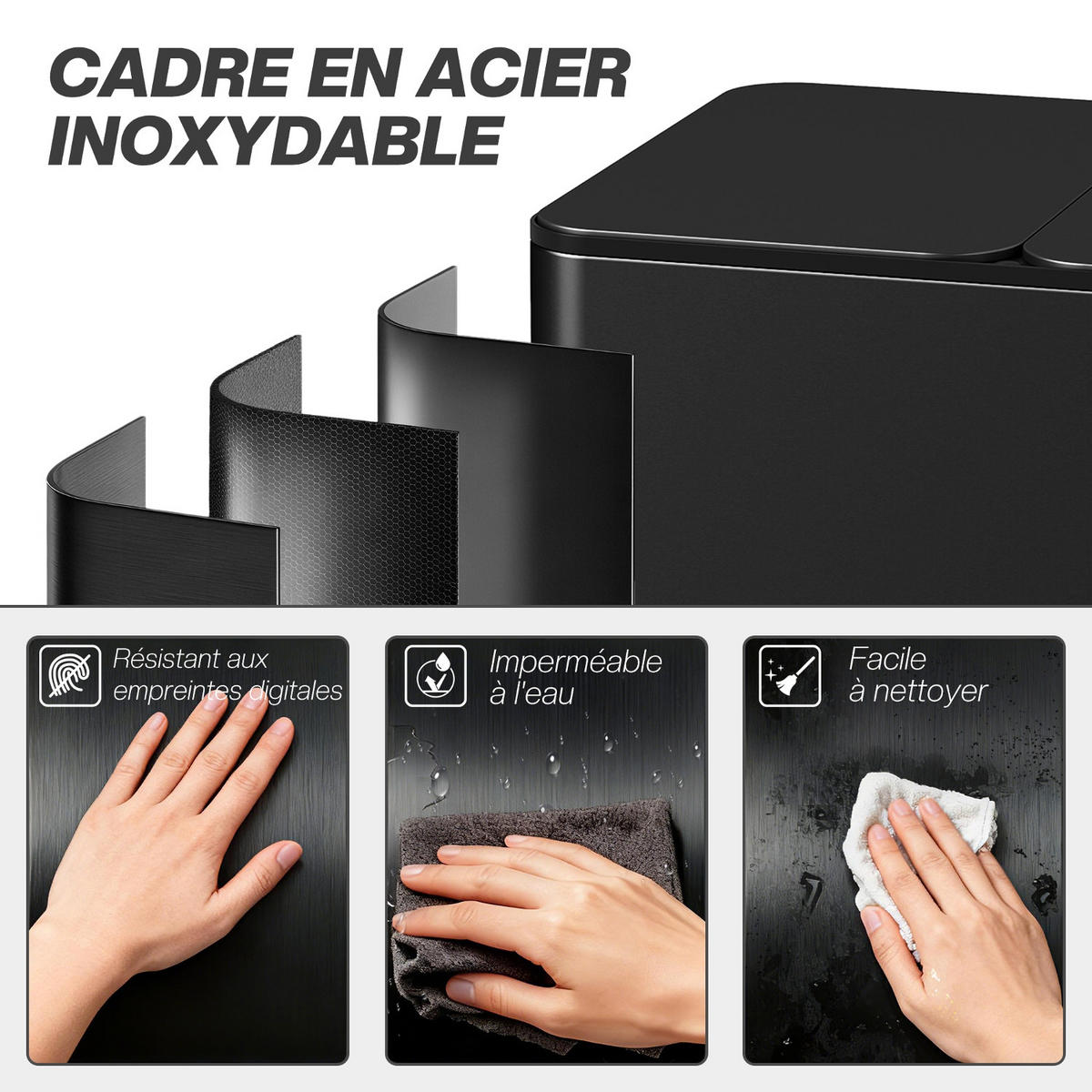 MÜLLEIMER 3 FÄCHER 45L 61,9/36,6/43,2 cm Edelstahl Schwarz Treteimer - Schwarz, Metall (36.6/43.2/61.9cm) - Rolipo