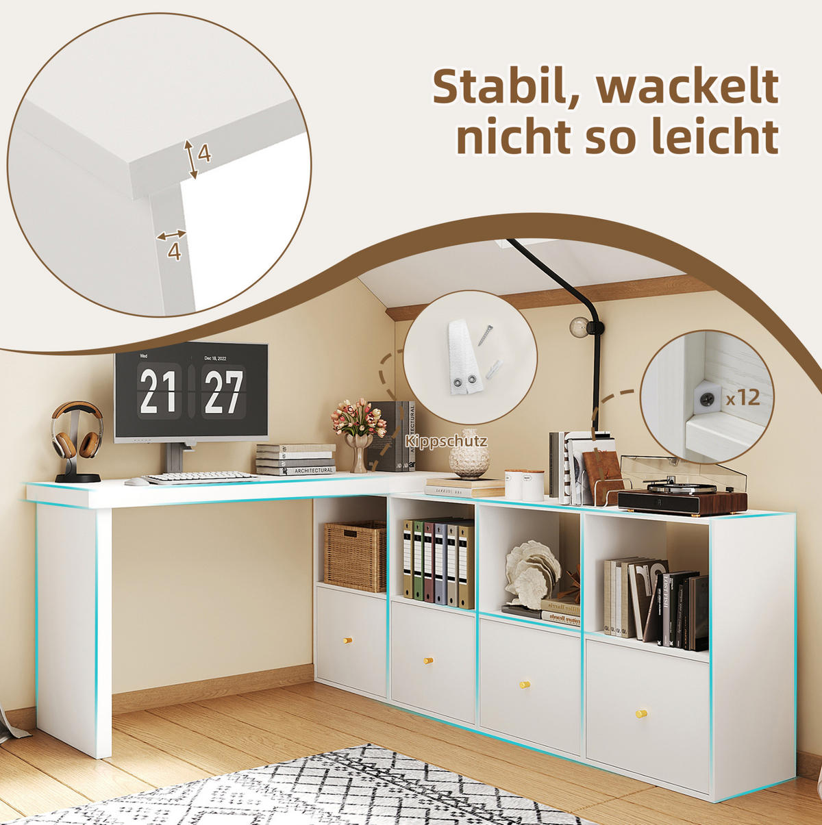 PISAĆI stol od MDF-a 140x35x74 cm bijela s okretnom pločom 360°, 4 pretinca, 4 ladice i zaštitom od prevrtanja - bijela, drvni materijal (140/74/35cm) - Modfu