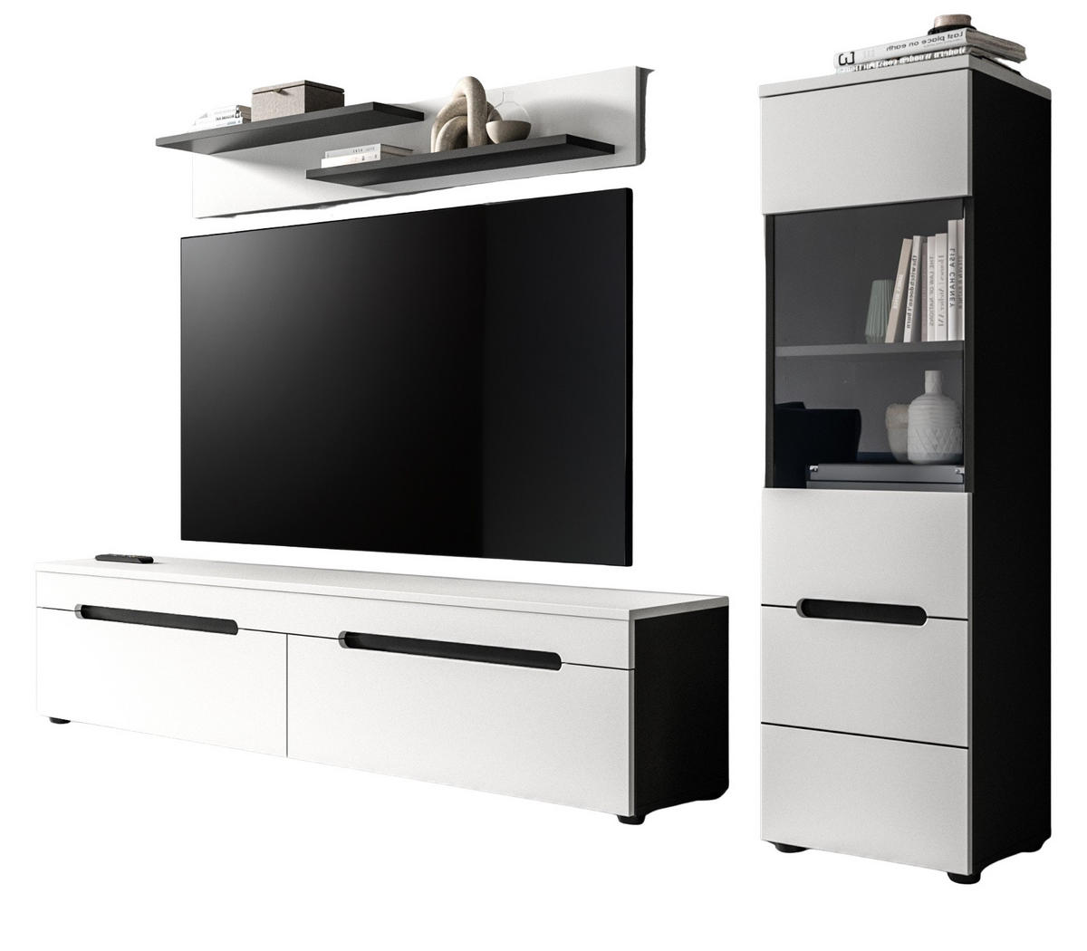 WOHNWAND weiß, grau, Wohnkombination 3-teilig hängend / stehend 221 cm, Cooper - Schwarz/Weiß, Glas/Holzwerkstoff (221/141/33cm)