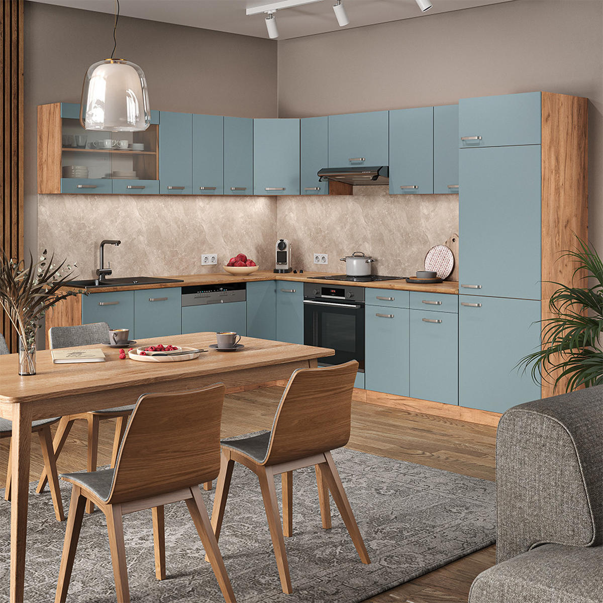ECKKÜCHE R-Line Blau-Grau/Goldkraft Eiche 227 x 287 cm, AP Eiche - Honigeiche/Blaugrau, Holzwerkstoff (287/81.6/60cm) - Vicco