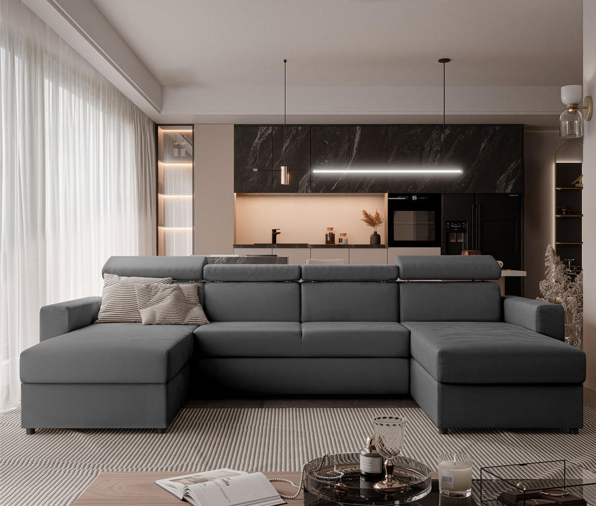 WOHNLANDSCHAFT BENI U II mit verstellbaren Kopfstützen und Schlaffunktion, Farbe: Grau - Schwarz/Grau, Kunststoff/Textil (302/60/166cm) - Idohome