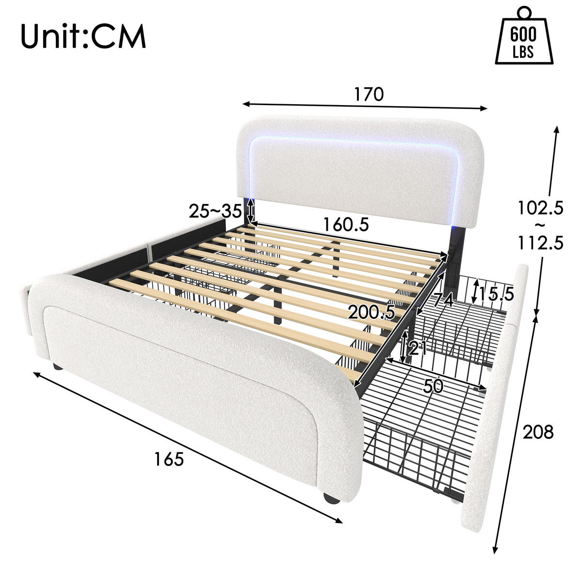 POLSTERBETT 160/200 cm aus Sherpa mit USB-C, LED und 4 Schubladen Weiß - Weiß, Fell (160/200cm) - Modenvie