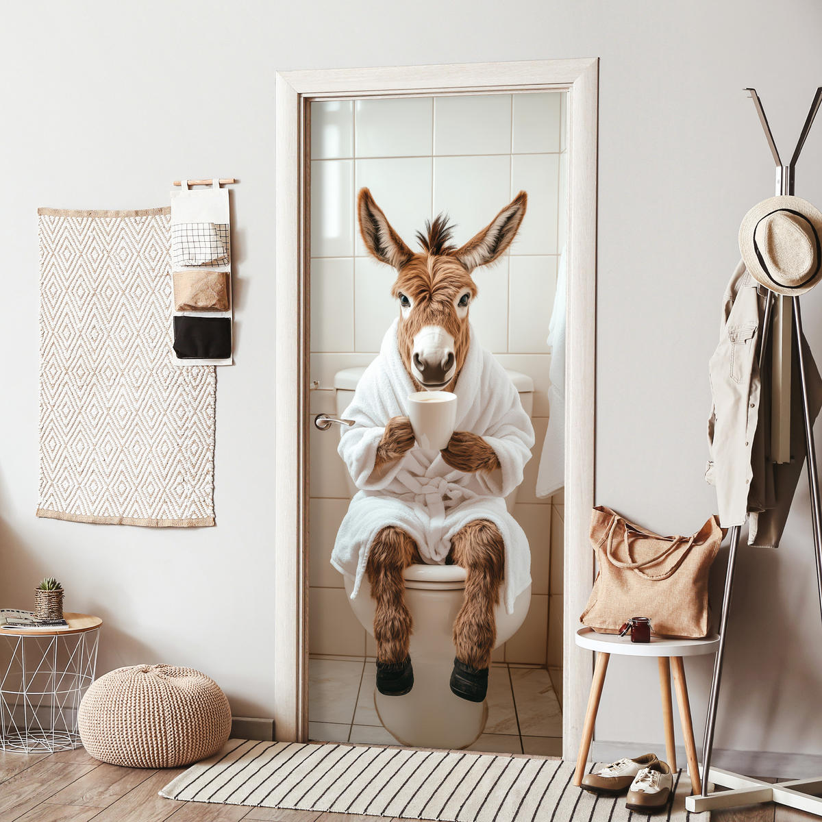 TÜRAUFKLEBER Selbstklebend - Esel - WC - Lustig - Bademantel - Tier 95x215 cm - Türtapete - Beige, Kunststoff (95/0.1cm) - MuchoWow