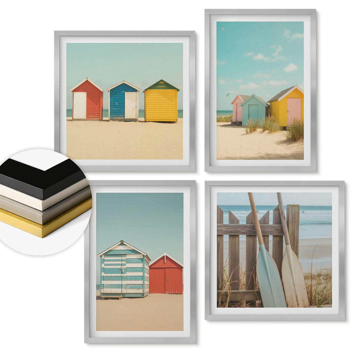 WANDBILDER 4er Set - 50x50 cm & 40x60 cm Silberner Rahmen - Bunte Häuser, Strand, Sonne - Silberfarben, Kunststoff (50/50cm) - ArtPrintCave