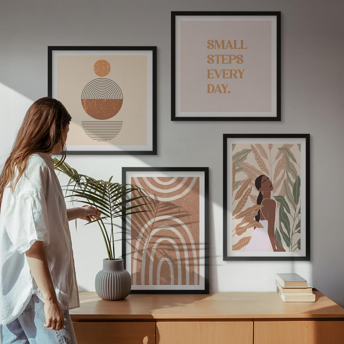 WANDBILDER 4er-Set - 50x50 cm & 40x60 cm Schwarzer Rahmen - Stilvolle Pflanzenmuster und Geometrie - Schwarz, Kunststoff (50/50cm) - ArtPrintCave