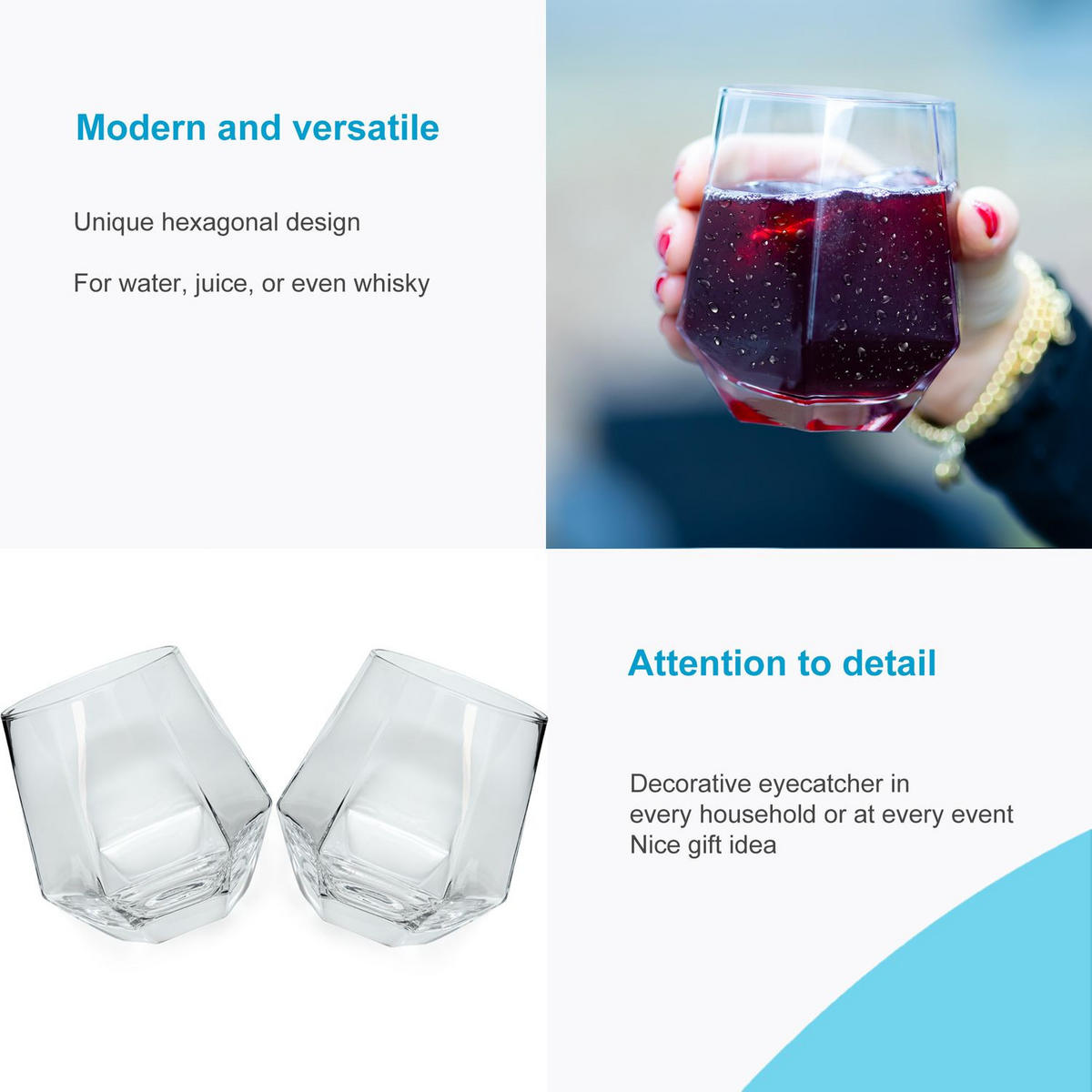 TRINKGLAS SET im Hexagon Design 240 ml (4-tlg) - Transparent, Glas - Intirilife