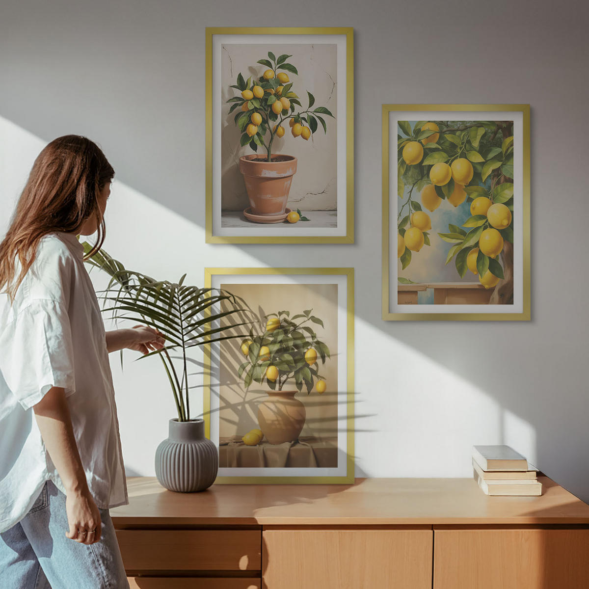 BILDER SET 3er Set - 40x60 cm Goldrahmen - Zitronenbäumchen im Topf und in der Vase - Goldfarben, Kunststoff (40/60cm) - TULUP