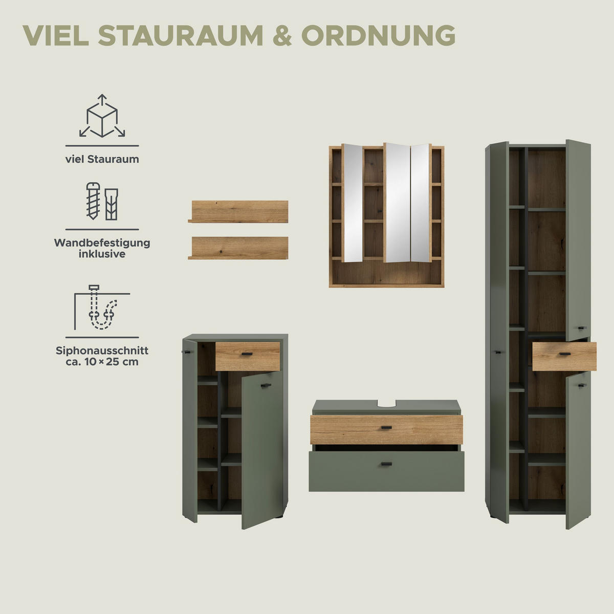 BADEZIMMER Azur 5-tlg. (B/H/T: ca. 207/191/35 cm) in Sage Green/Sage Green - Dunkelgrün, Holzwerkstoff (207/191/35cm)