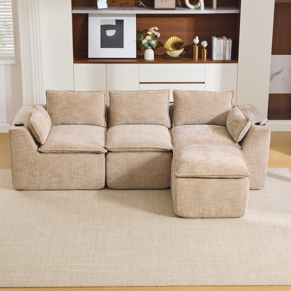 SOFA modular 3-Sitzer mit Fußhocker 256 x 161 cm Chenille Khaki - Braun, Holzwerkstoff (161/256cm) - Meubliv