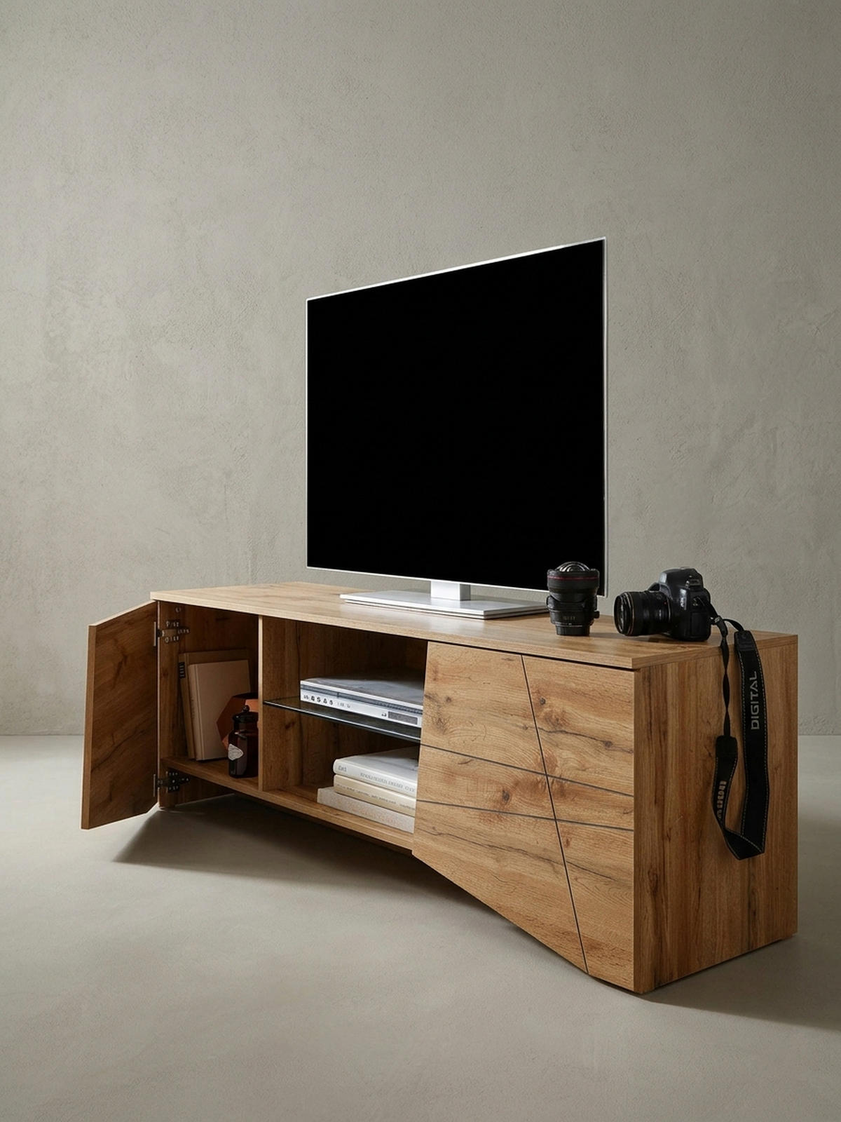 LOWBOARD Eiche-Dekor Modern Stil für 70-Zoll Fernseher mit Glasablage - Braun, Holz (160/50/40cm) - KADIMA DESIGN
