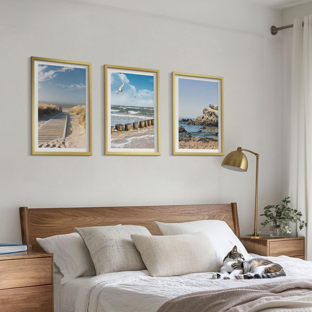 WANDBILDER 3er Set - 40x60 cm Goldrahmen - Strand Holzsteg Klippen - Goldfarben, Kunststoff (40/60cm) - ArtPrintCave