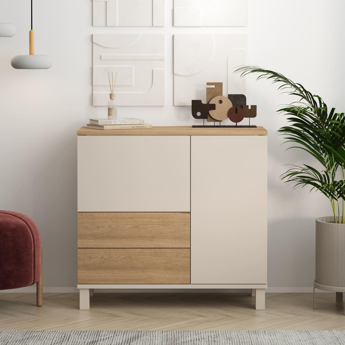 SIDEBOARD with 2 doors and 2 drawers, cashmere and oak decor, 35/82,4/87,2 cm - Beige, Holzwerkstoff (35/82.4/10cm) - Calicosy