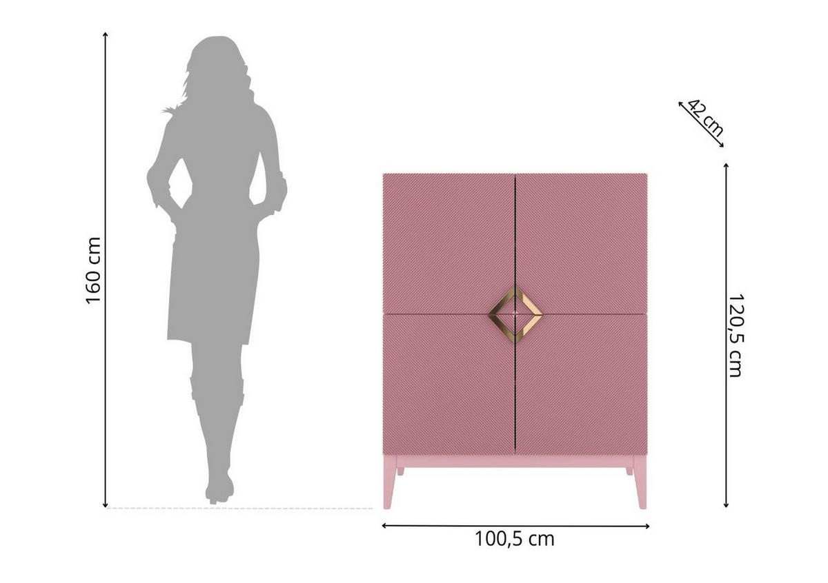 HIGHBOARD Demi High, Pink-Gold, Mit Gefrästen Fronten, Massive Buche - Rosa, Holz/Holzwerkstoff (100.5/120.5/42cm) - Visby