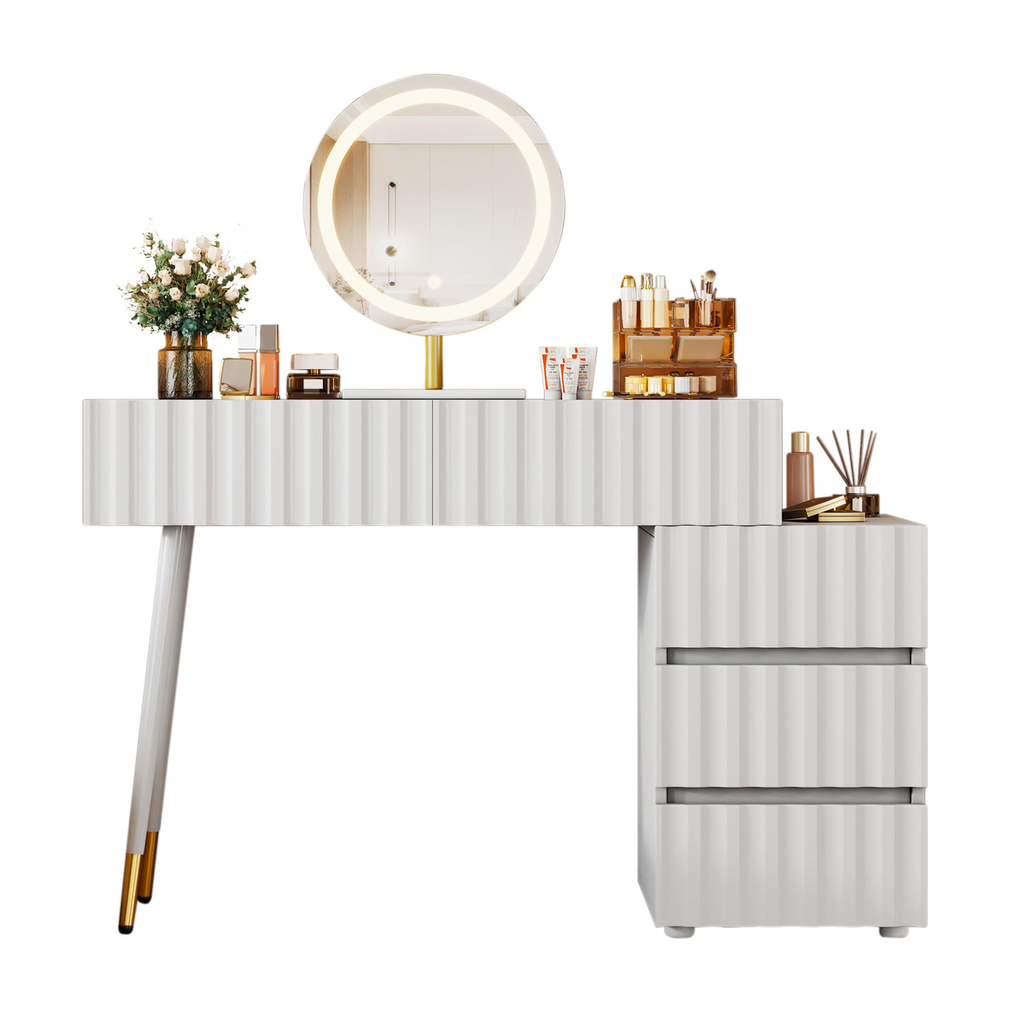 SCHMINKTISCH 100/40/127 cm mit LED-Spiegel, 5 Schubladen und flexiblem Seitenschrank, Weiß - Weiß, Holzwerkstoff (100/127/40cm) - Redom