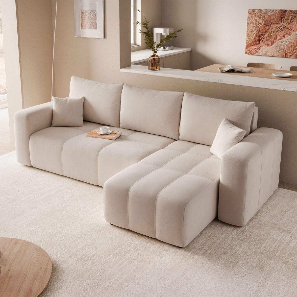 ECKSOFA Leros Mit Schlaffunktion - Beige, Holzwerkstoff/Textil (145/248cm) - Fun Möbel