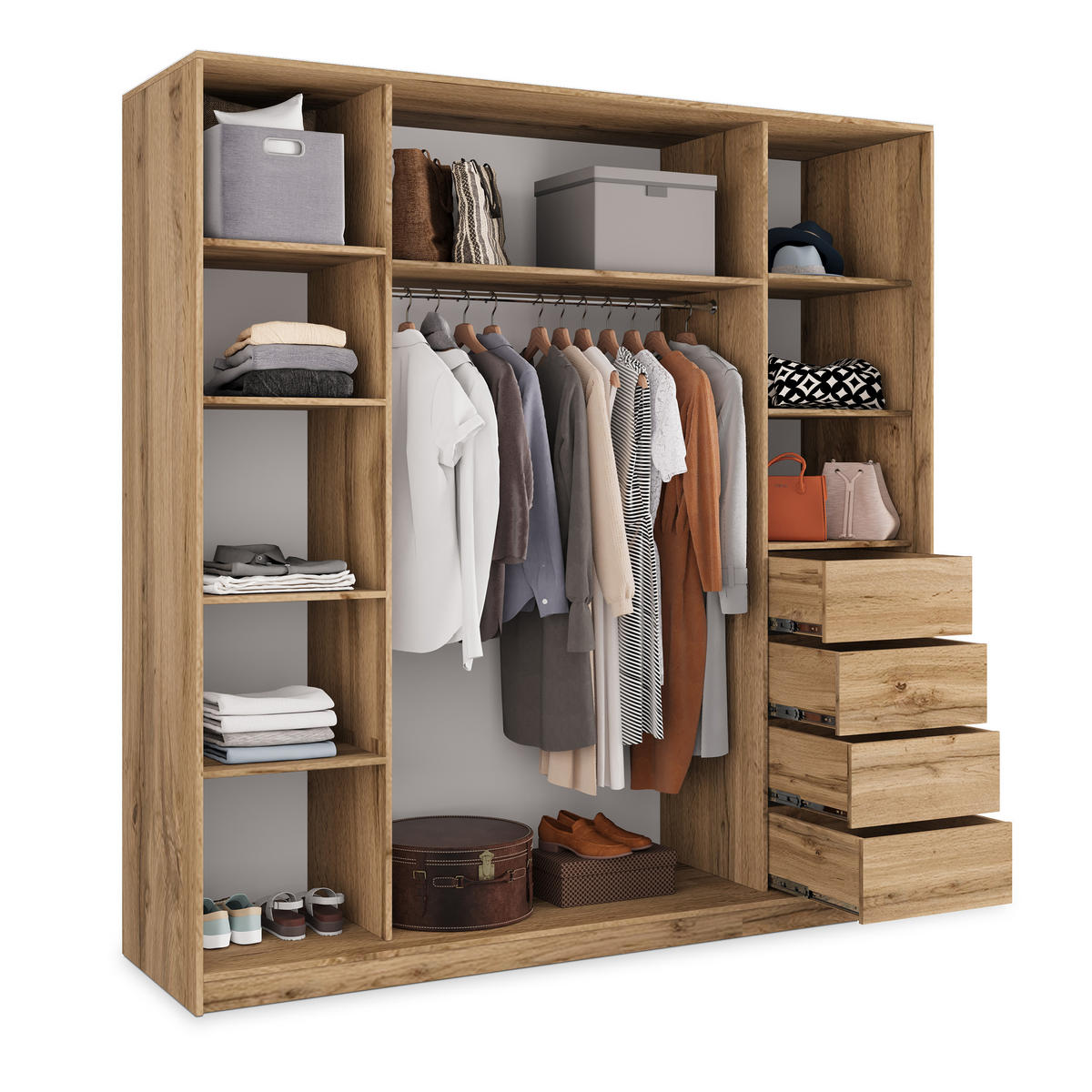 SCHWEBETÜRENSCHRANK PINA 200/205/58 cm 3-türig mit Spiegel und 4 Schubladen Eiche Wotan - Eiche Wotan, Holzwerkstoff (200/205/58cm) - MASSENO