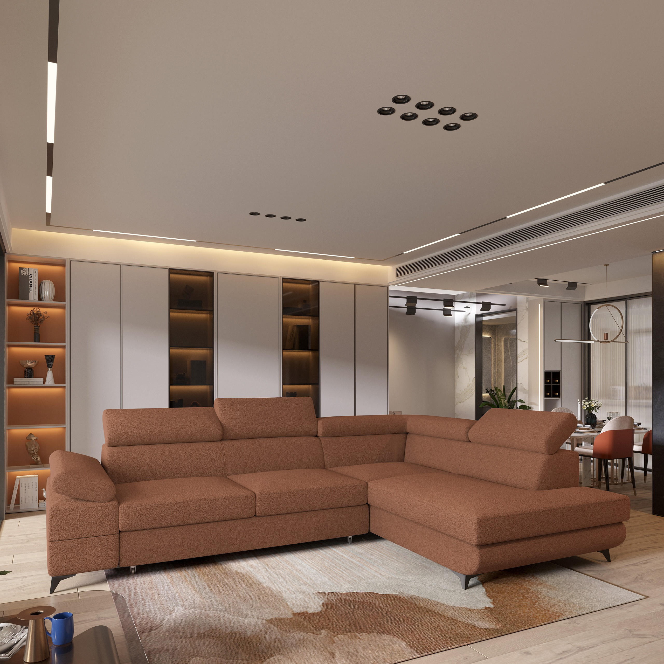 ECKSOFA FAVIEN R-S Kupferfarben Boucle-Stoff mit Schlaffunktion - Kupferfarben, Holz (257/190cm) - MASSENO