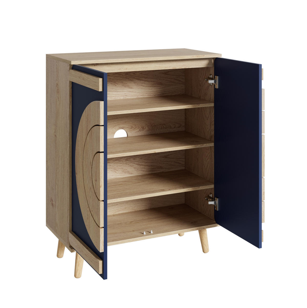 SCHUHSCHRANK 76/37/98,5 cm mit geometrischen Türen, mehrstufigem Stauraum und Holzbeinen, Blau/Natur - Naturfarben, Holzwerkstoff (76/98.5/37cm) - Redom