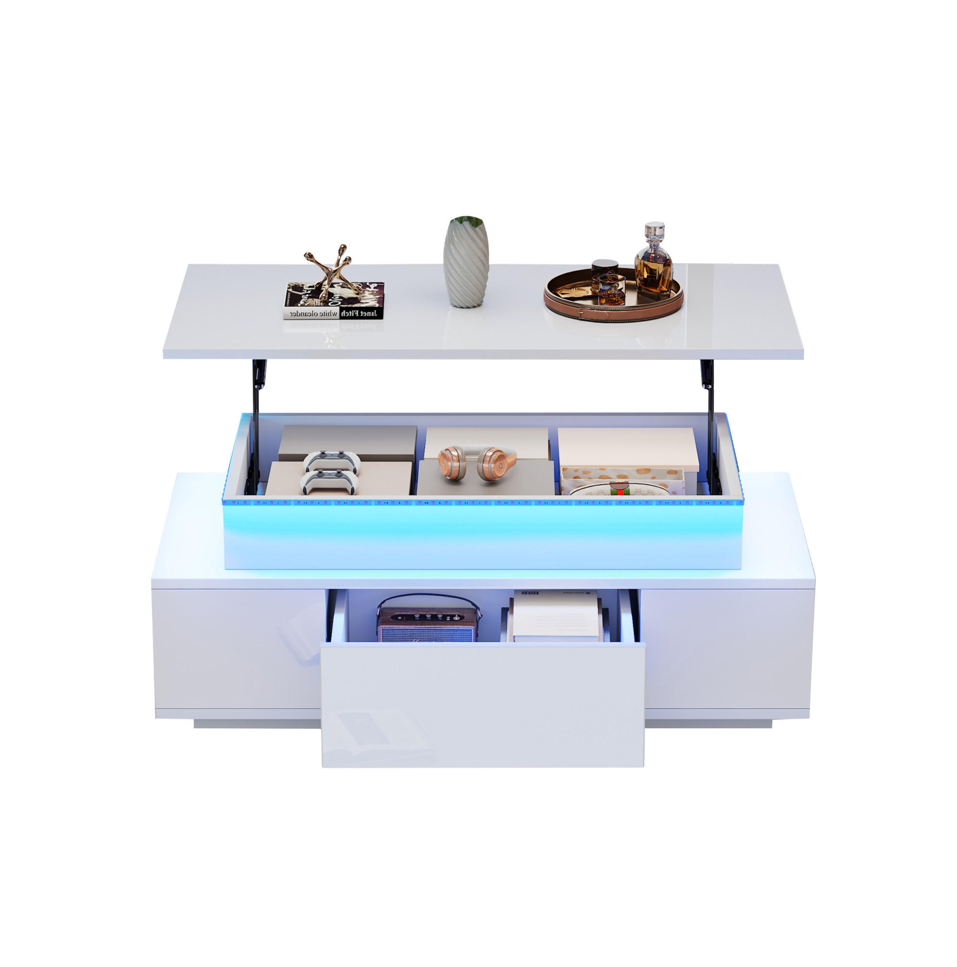 COUCHTISCH, höhenverstellbare Tischplatte, Hochglanz Weiß mit Stauraum & LED, 96/45/40 cm,Weiß - Weiß, Holzwerkstoff (45/96/40cm) - Redom