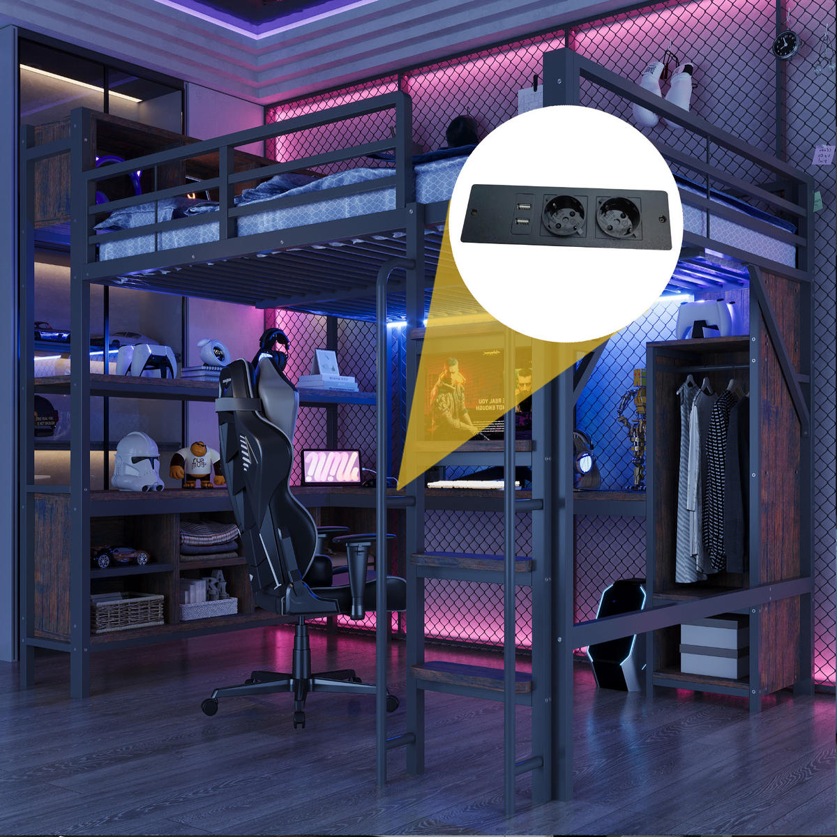 HOCHBETT 140/200 cm in Schwarz mit Schreibtisch, Kleiderschrank, Ablagefächern und LED Metall Design - Schwarz, Holzwerkstoff/Metall (140/200cm) - STILVORA