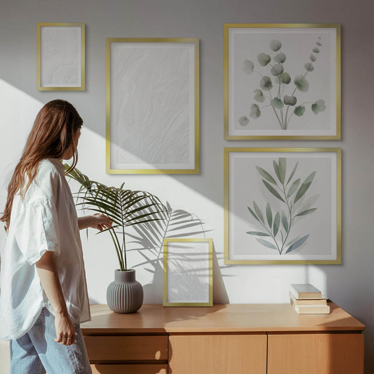 BILDER SET 5er Set - 50x50 cm & 20x30 cm & 40x60 cm Goldrahmen - Marmorstruktur, pastellfarbene Zweige - Goldfarben, Kunststoff (40/60cm) - TULUP