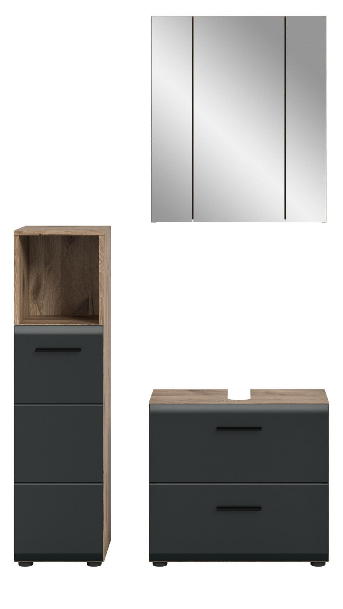 BADMÖBEL-SET 3-teilig schwarz matt, Nox Eiche, Badkombination 105 x 185 cm - Eichefarben/Schwarz, Glas/Holzwerkstoff (105/185/30cm) - Inn.Furn