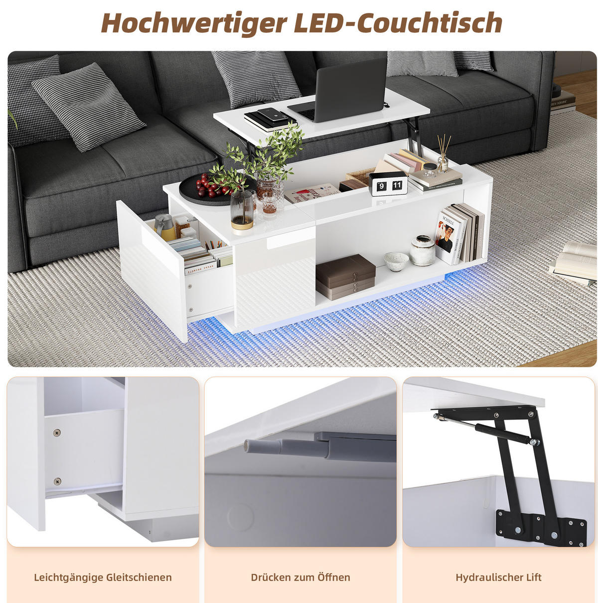 KONFERENČNÍ stolek, 100/50/40 cm bílý, výškově nastavitelný s úložným prostorem a LED - bílá, kompozitní dřevo (100/50/40cm) - BEAOK