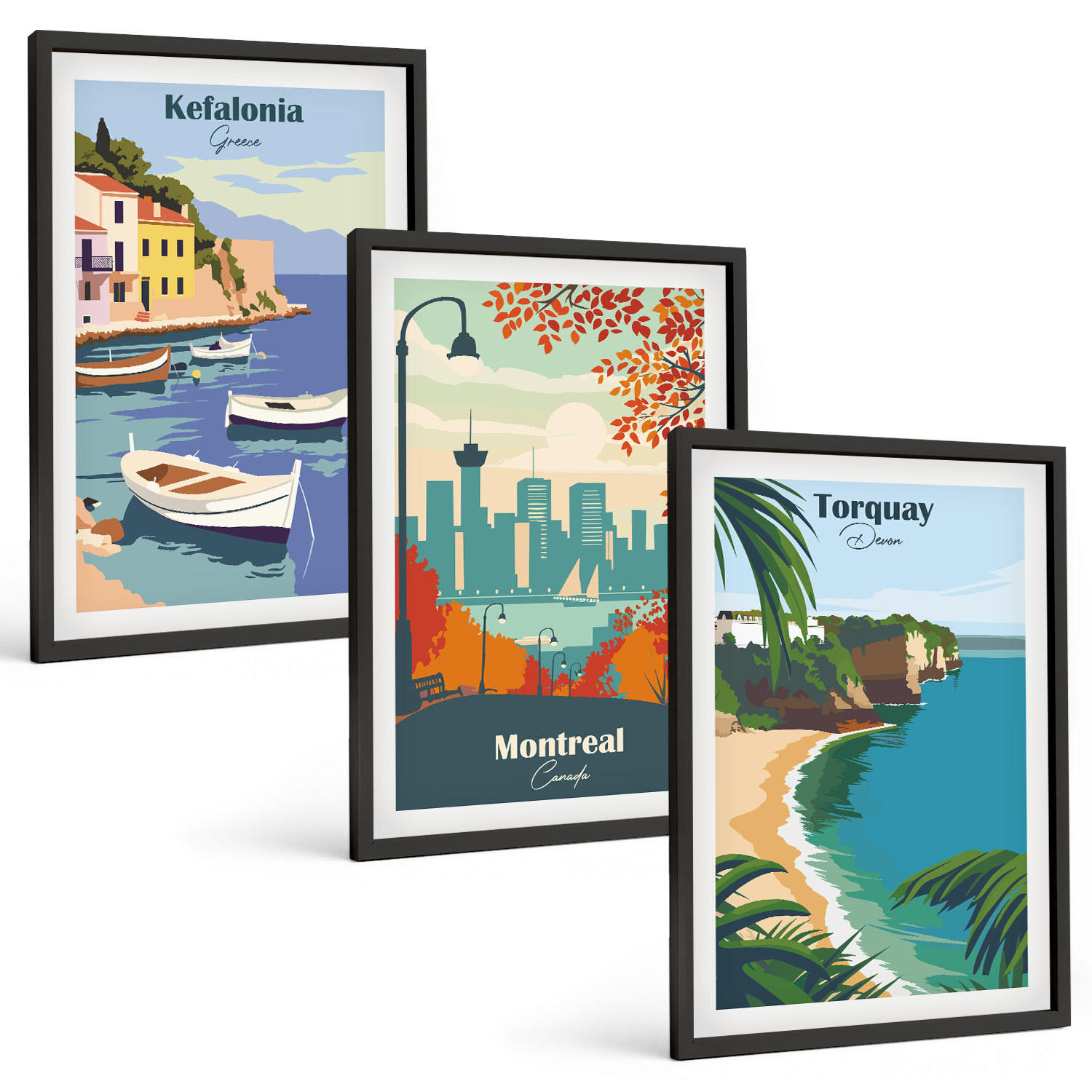 BILDER SET 3er Set - 40x60 cm Schwarzer Rahmen - Stadtansichten aus Griechenland, Kanada und Australien - Schwarz, Kunststoff (40/60cm) - TULUP