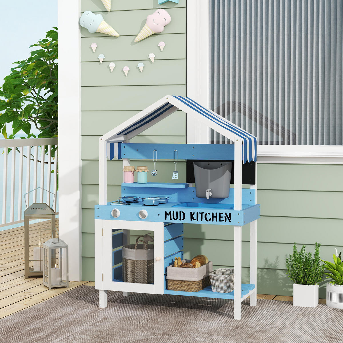 MATSCHKÜCHE Kinder Outdoor Gartenspielküche mit Herd, Spüle, Zubehör Blau - Blau, Holz (80/36.5/112cm) - AIYAPLAY