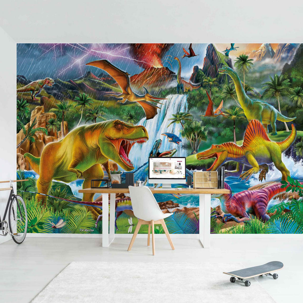 FOTOTAPETE Dinosaurier im Urzeitgewitter 432/290 cm - Multicolor, Papier (432/290cm) - Bilderwelten