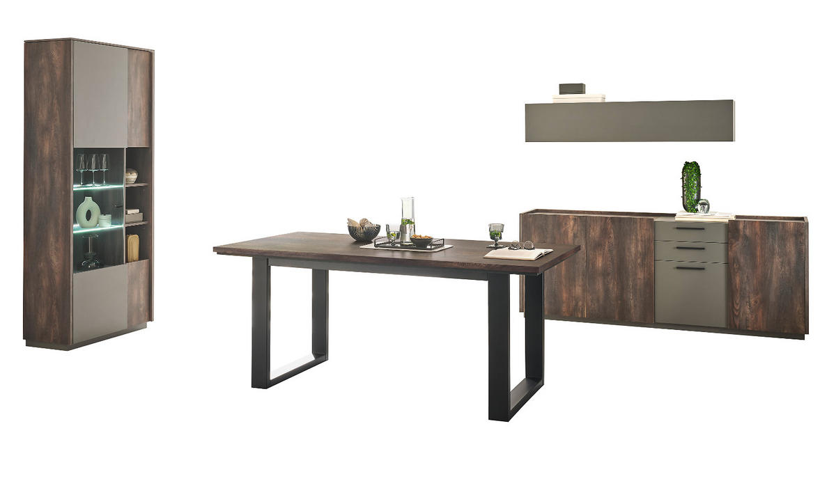 ESSZIMMER-SET Thermo Eiche, grau, Speisezimmer 4-teilig mit Soft-Close - Eichefarben/Grau, Glas/Holzwerkstoff (200/200/81cm) - Furn.Design