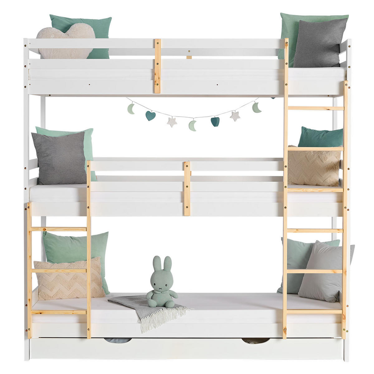 ETAGENBETT 90/200 cm Weiß Natur für 3 Kinder - Weiß, Holz (90/200cm) - Homestyle4u