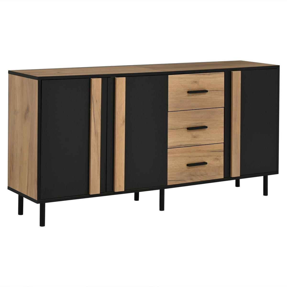 SIDEBOARD 140/35/70 cm mit 3 Türen, 3 Schubladen und Metallbeinen in Schwarz-Naturholzoptik - Schwarz/Naturfarben, Holzwerkstoff (140/70/35cm) - CHICFURN