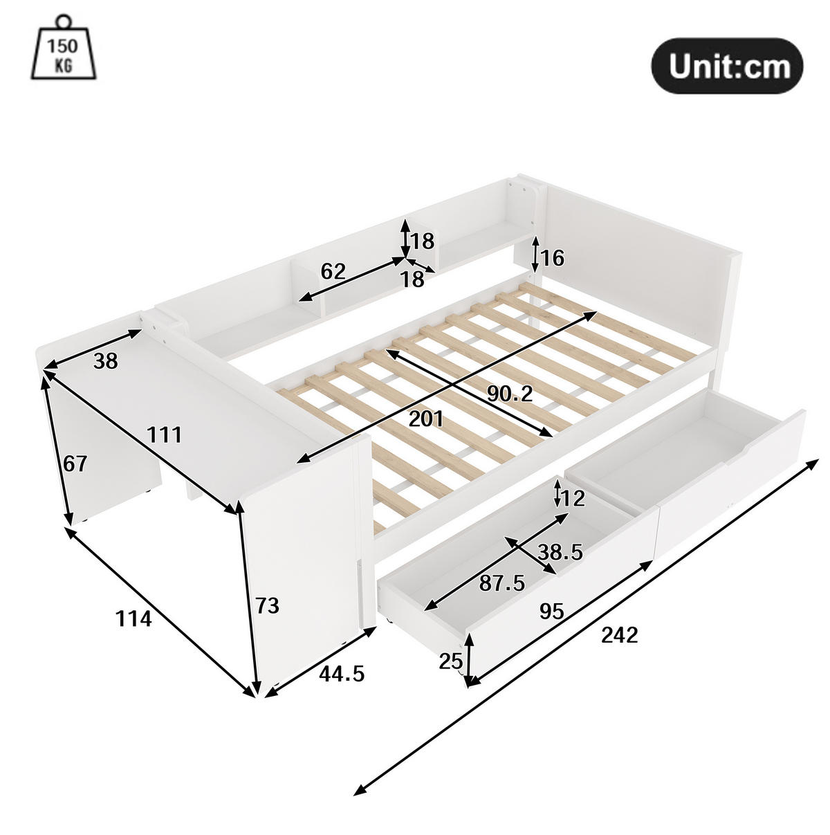 RAHMENBETT Flachbett 90/200 cm weiß mit Schreibtisch und 2 Schubladen - Weiß, Holz (90/200cm) - OKWISH