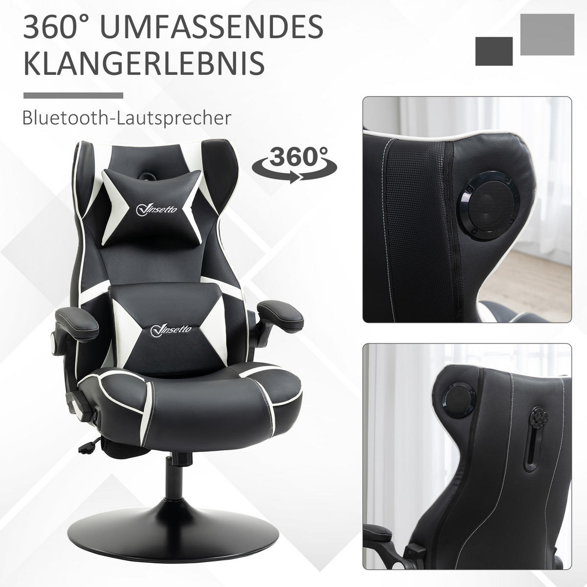 GAMING Stuhl mit runder Bodenplatte, drehbar & neigbar, ergonomischer Sessel, Schwarz-Weiß - Weiß, Leder (69/112/73cm) - BRILVERDE