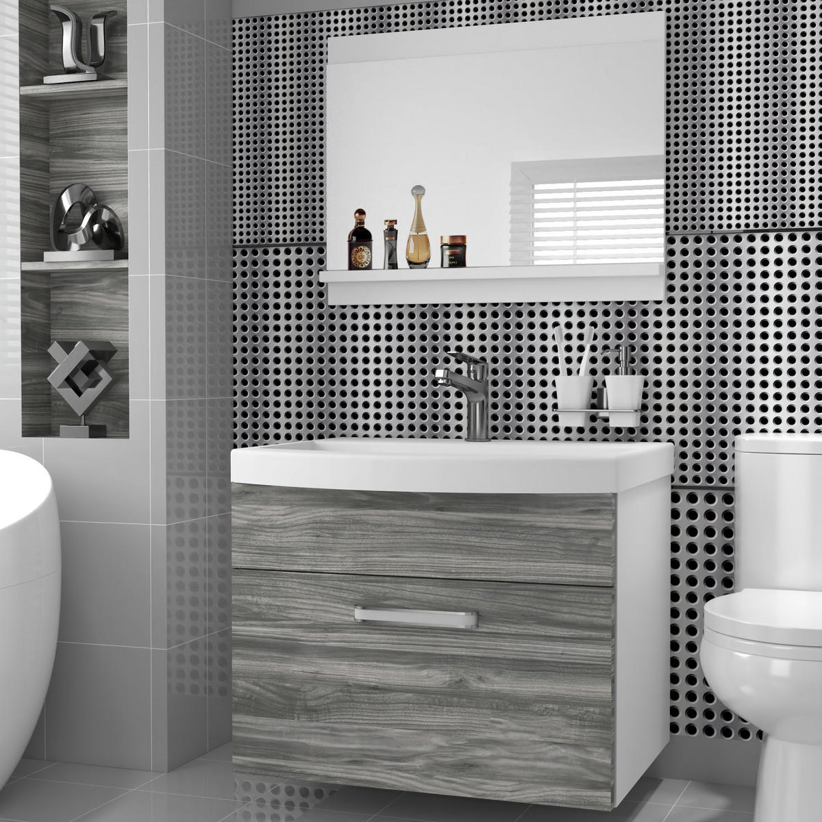 BADMÖBEL Badezimmer SET PRI M1, Glamour Holz Matt, 60 cm - Silberfarben, Holz (38.7/51/60cm) - B BELINI GROUP