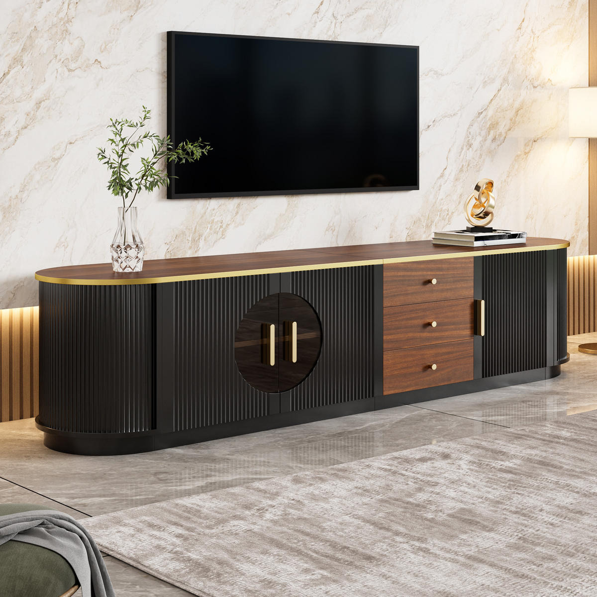 TV-ELEMENT 180/40/46 cm Schwarz mit 3 Schubladen und Aluminiumgriffe - Schwarz, Holz (180/46/40cm) - Oxeza