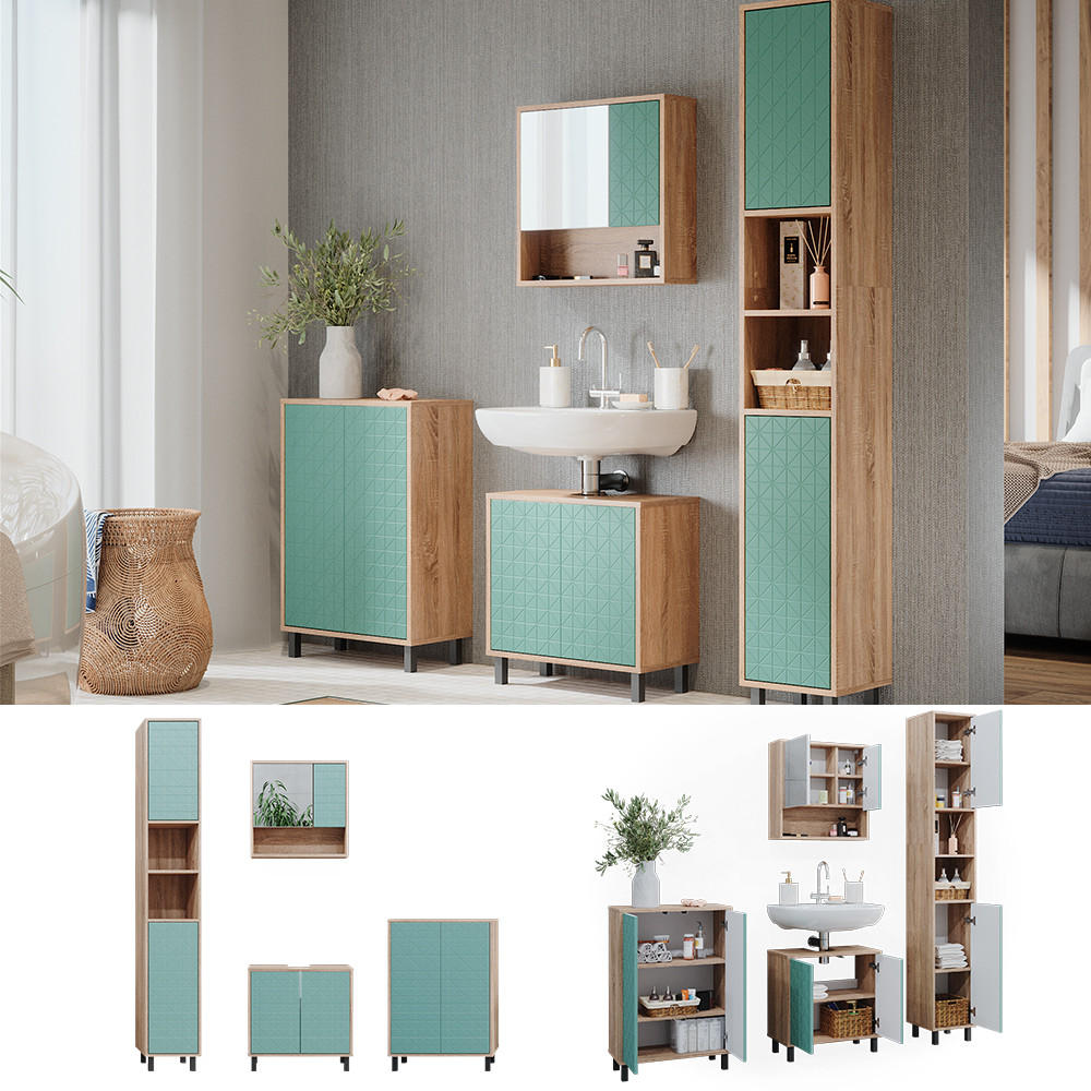 BADMÖBEL-SET Agasta Mintgrün 4 Teile, mit Hochschrank - Mintgrün/Sonoma Eiche, Holzwerkstoff (56/57/28cm) - Vicco