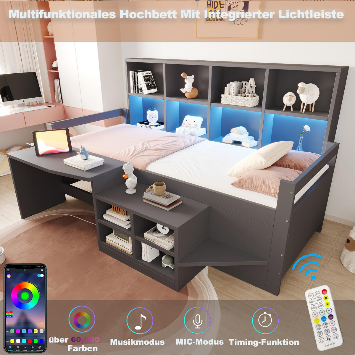 KINDERBETT 90x200cm Massivholz LED Schreibtisch Stauraum Grau - Grau, Holz (90/200cm) - FLIEKS