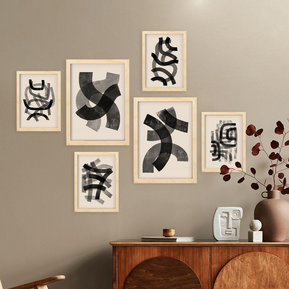 POSTER Set Mit 6 Gekrümmte Frames 1 In Form Abstracts Ästhetische Dekorative Gemälde Für Ihr Wohnzimmer Zuhause A3 & A4 Rahmen Aus Hellem Holz - Beige, Papier (29/3cm) - Nacnic