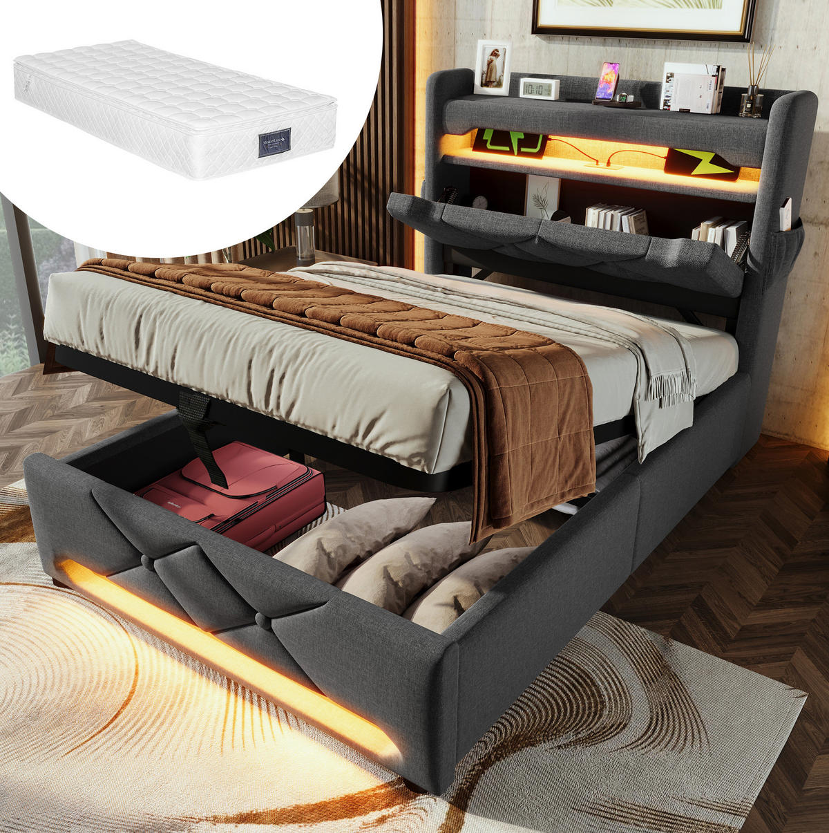 POLSTERBETT mit LED, USB und Stauraum 90x200 cm Grau inkl. Matratze - Grau, Metall (90/200cm) - Meubliv