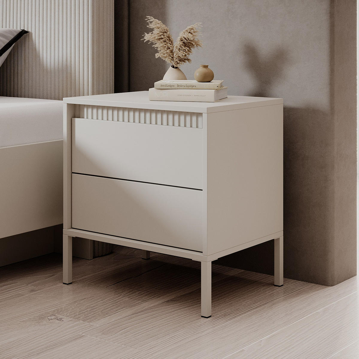 NACHTKONSOLE Ferrato 54 cm Beige Matt - mit 2 Schubladen i Riffel-Leiste - Beige, Holz/Holzwerkstoff (53/56/39cm) - Ravio