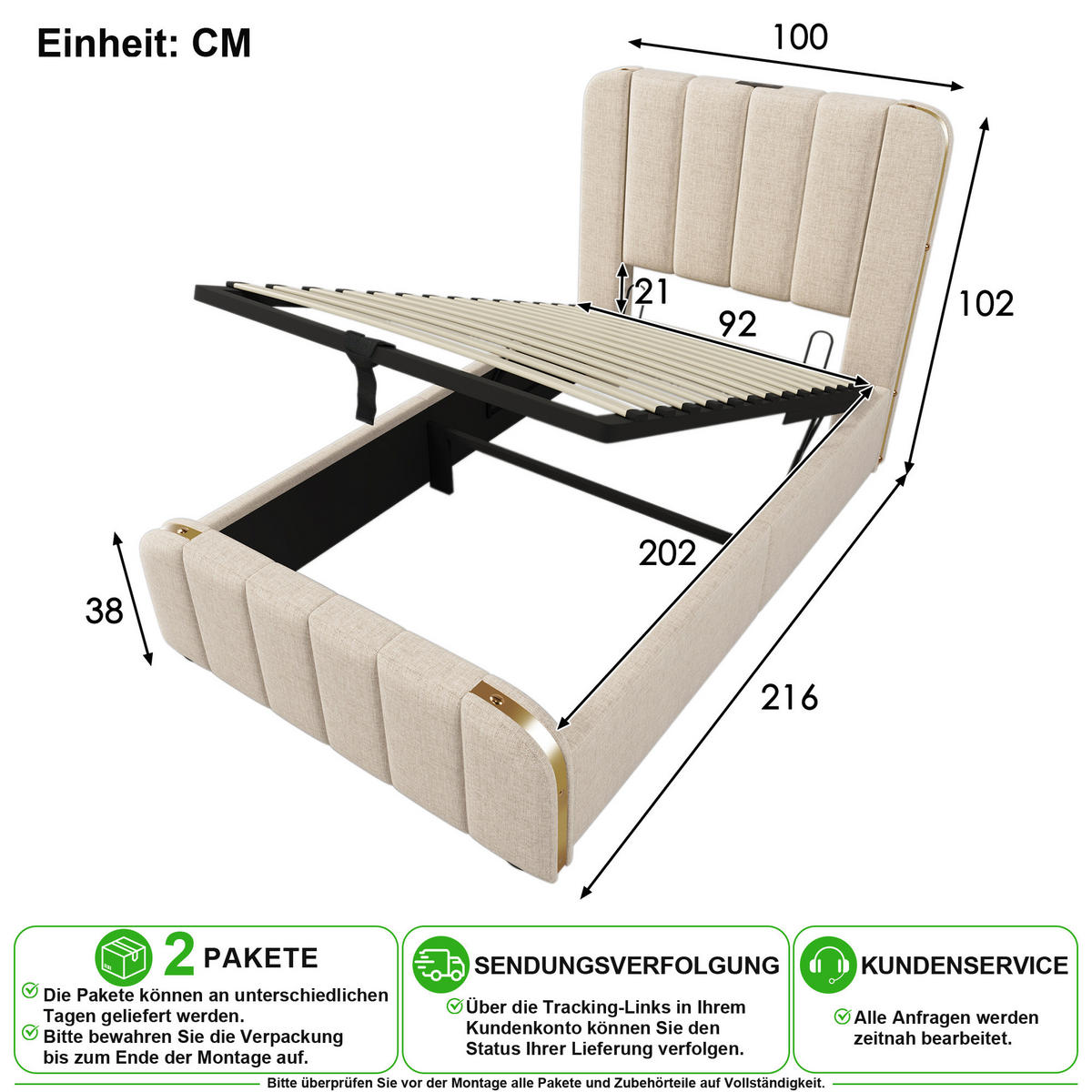 ČALOUNĚNÁ POSTEL 90/200 cm v béžové barvě s úložným prostorem, USB a Type-C - béžová, kov/kompozitní dřevo (90/200cm) - CHICFURN
