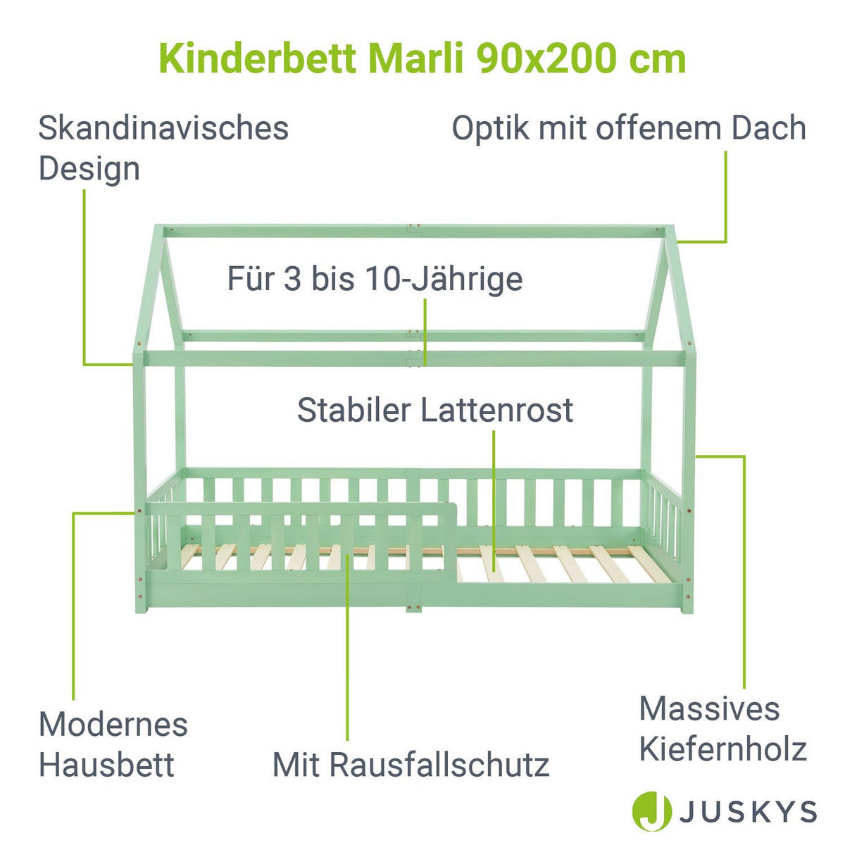 KINDERBETT Marli mit Matratze mint 90x200 cm - Mintgrün, Holz (90/200cm) - Juskys
