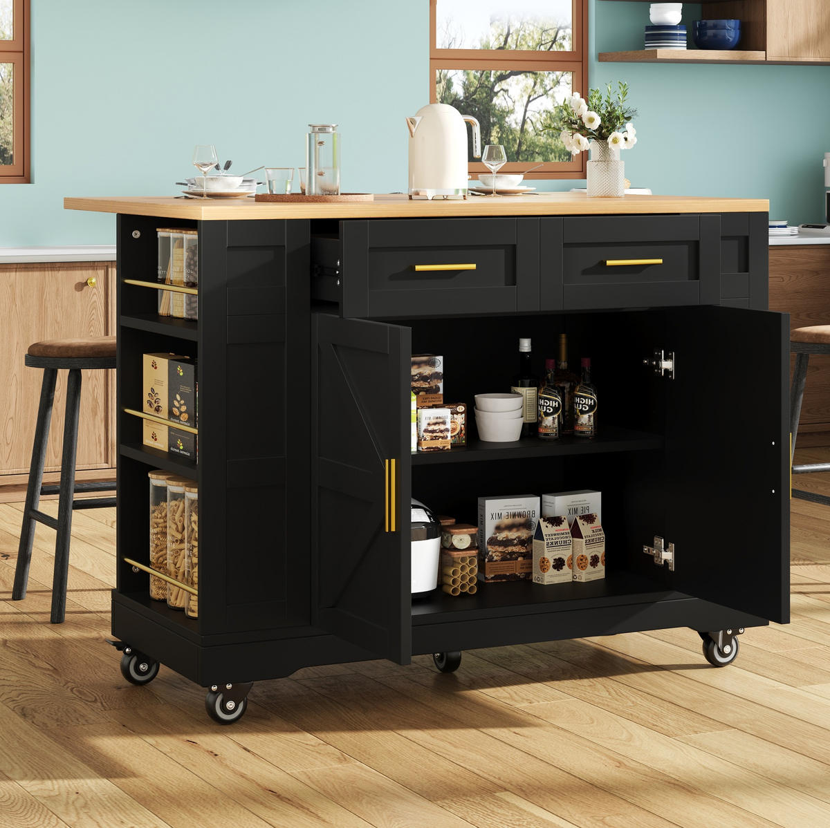 KÜCHENINSEL 120/40/90 cm schwarz aus MDF mit Klappplatte - Schwarz, Holzwerkstoff (120/90/40cm) - OKWISH