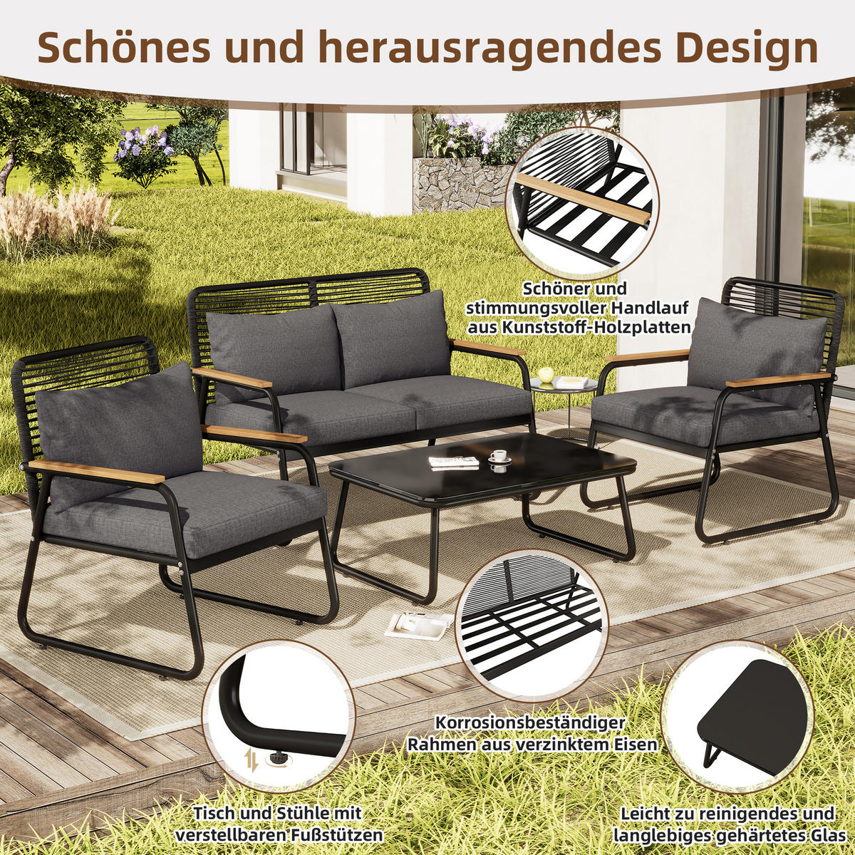 GARTENLOUNGE-SET mit 2 Sessel,Doppelsofa&Glastisch,Gartenmöbelset mit Beine verstellbar - Dunkelgrau/Beige, Textil/Metall - STILVORA