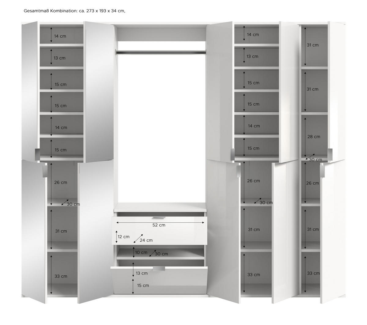 GARDEROBENKOMBINATION 5tlg. Projekt X Garderobe in weiß Nb. und weiß hochglanz B/H/T: 213x193x34 cm - Weiß, Holzwerkstoff (213/193/34cm)