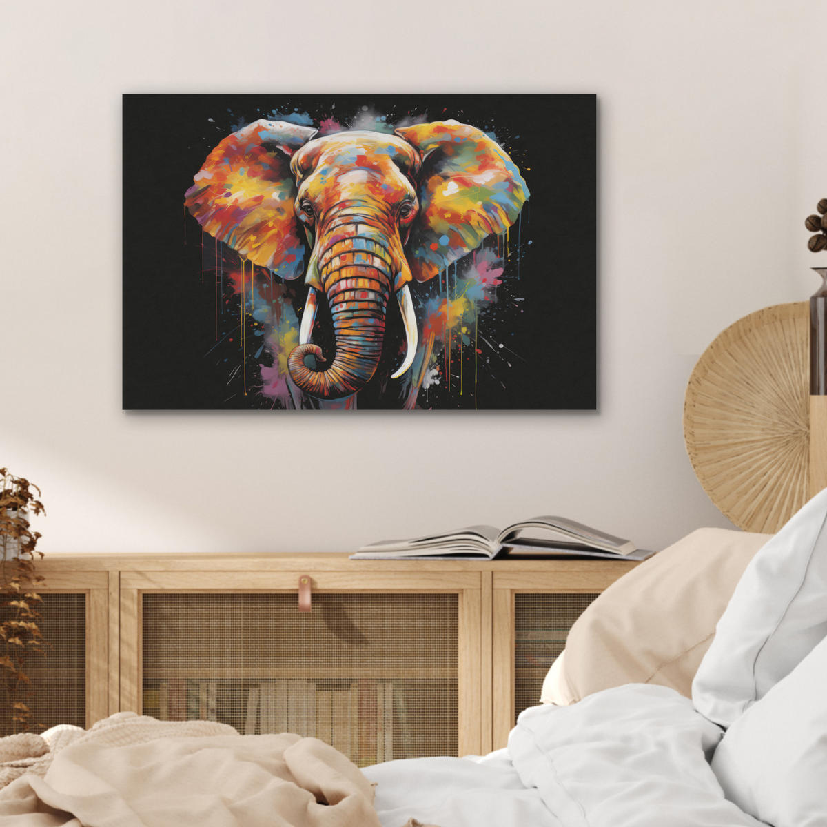 AKUSTIKBILD Elefant - Graffiti - Schwarz - Tiere - Farben Wanddeko 70x50 cm - Schwarz, Kunststoff (70/50/0.9cm) - MuchoWow