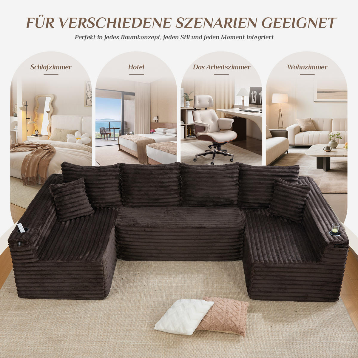 WOHNLANDSCHAFT 320/155/88 cm Braun mit Getränkehalter und Seitentasche - Braun, Textil (320/88/155cm) - Oxeza